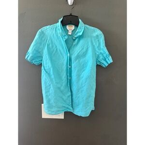 Talbots Vintage Irish Linen Shirt Womens 8 Turquoise Blue Button Down Top